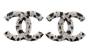 Chanel 26A Silver Crystal Black Dalmatian XL CC Logo Dangle Drop Stud Earrings